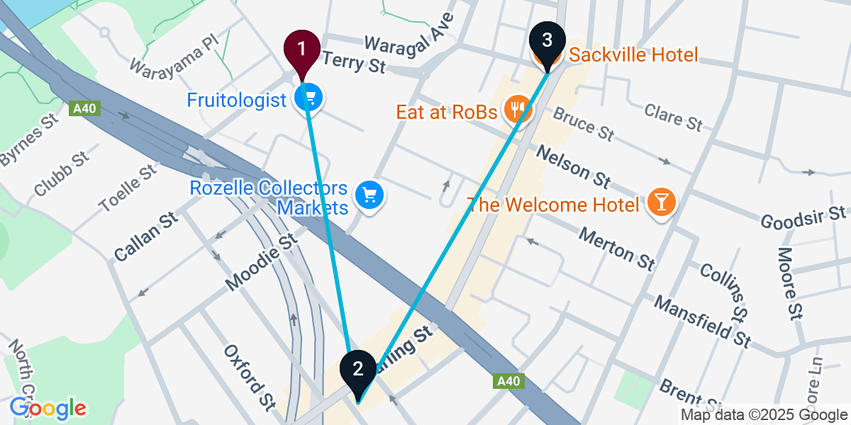 Map for 3-Stop Rozelle Pub Bar Crawl