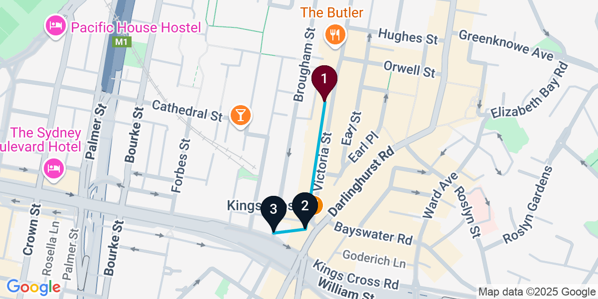 Map for 3-Stop Potts Point Live music Bar Crawl