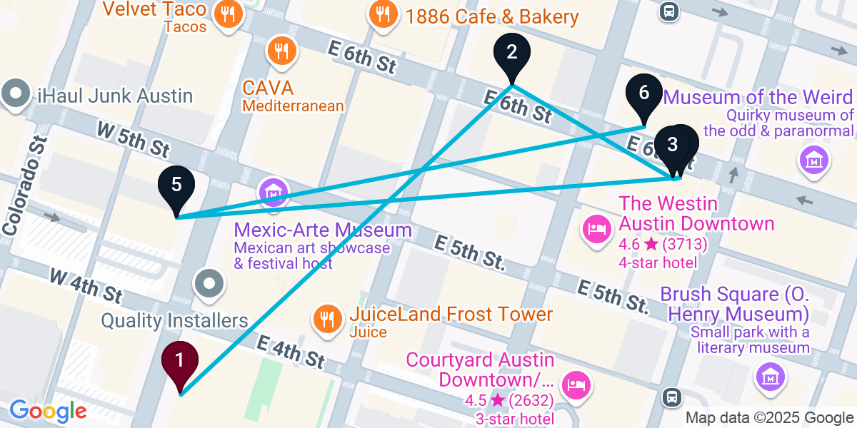 Map for 6-Stop Austin Live music Bar Crawl