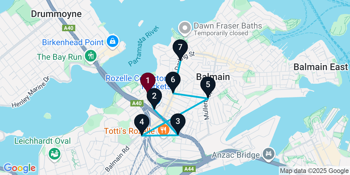 Map for 7-Stop Rozelle Live music Bar Crawl