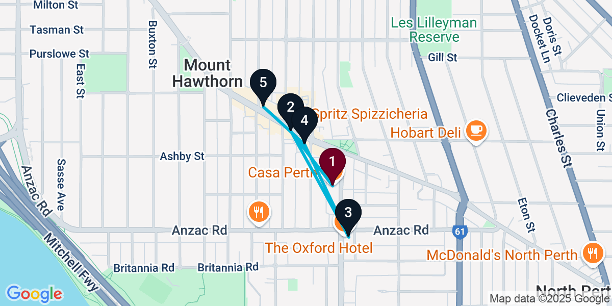 Map for 5-Stop Mount Hawthorn Bar Crawl