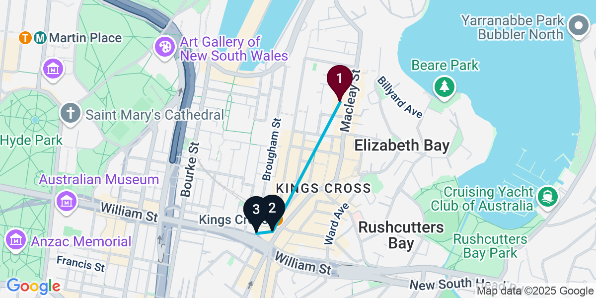 Map for 3-Stop Potts Point Live music Bar Crawl