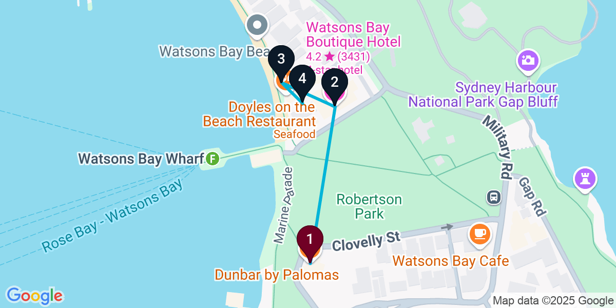 Map for 4-Stop Watsons Bay Bar Crawl