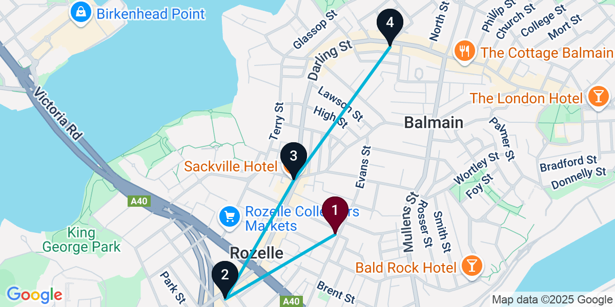 Map for 4-Stop Rozelle Bar Crawl