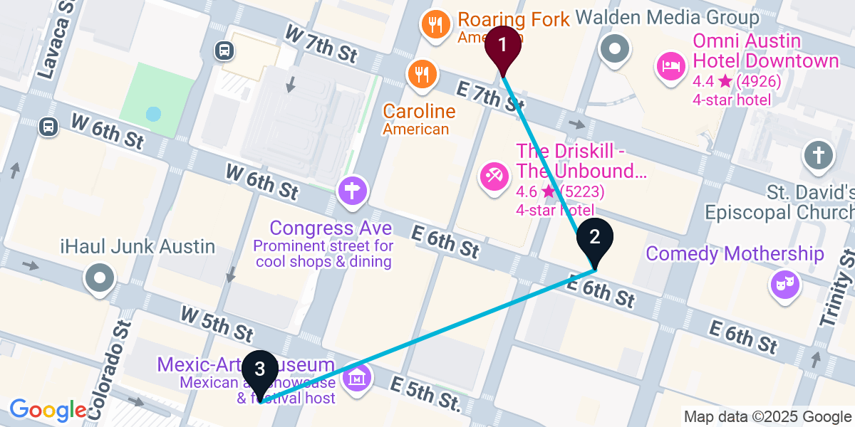 Map for 3-Stop Austin Live music Bar Crawl