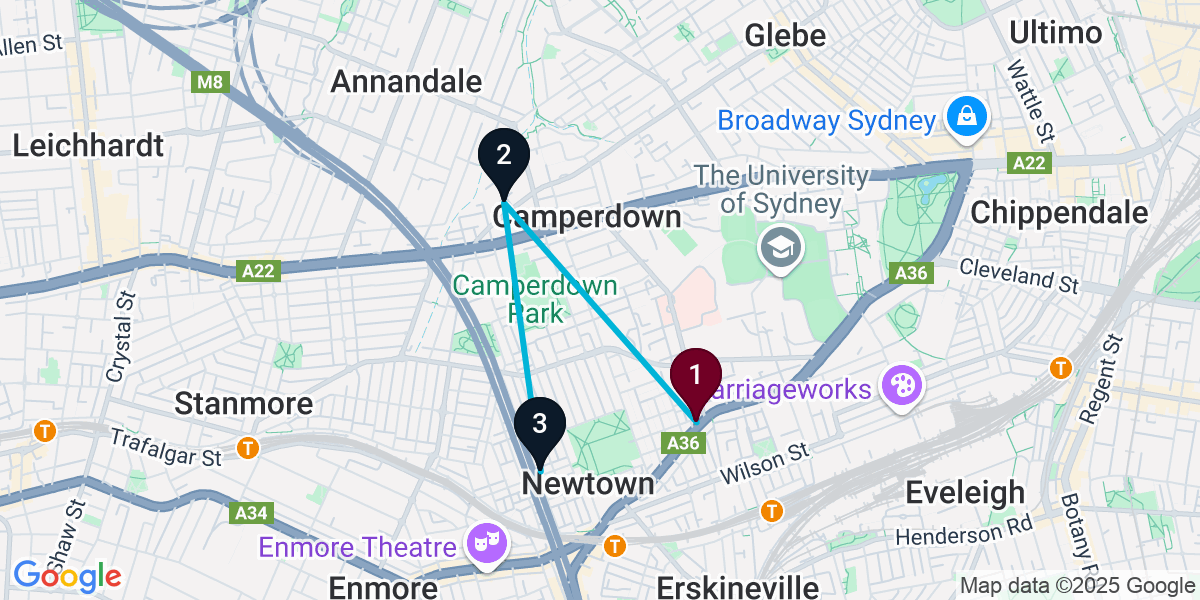 Map for 3-Stop Newtown Speakeasy Bar Crawl
