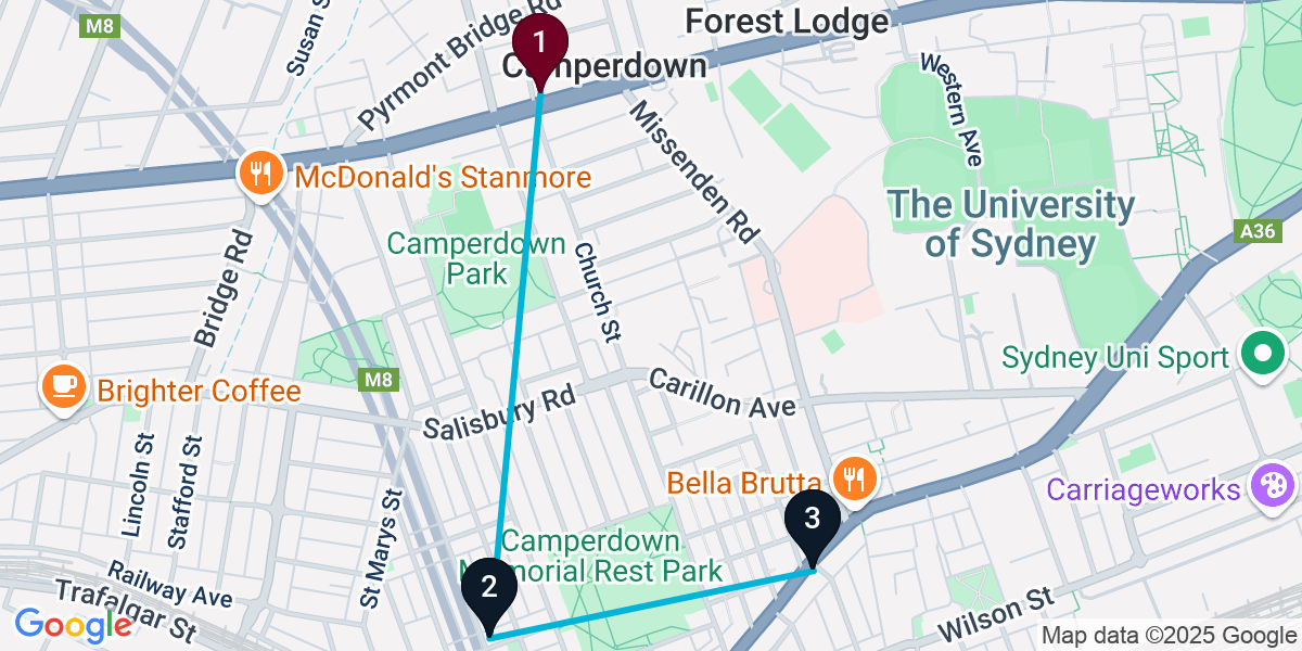 Map for 3-Stop Camperdown Pub Bar Crawl
