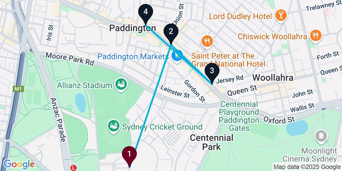 Map for 4-Stop Moore Park Pub Bar Crawl