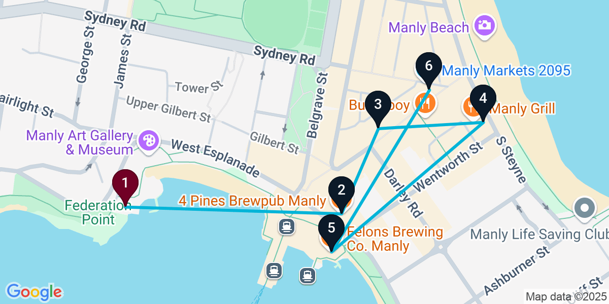 Map for 6-Stop Manly Pub Bar Crawl