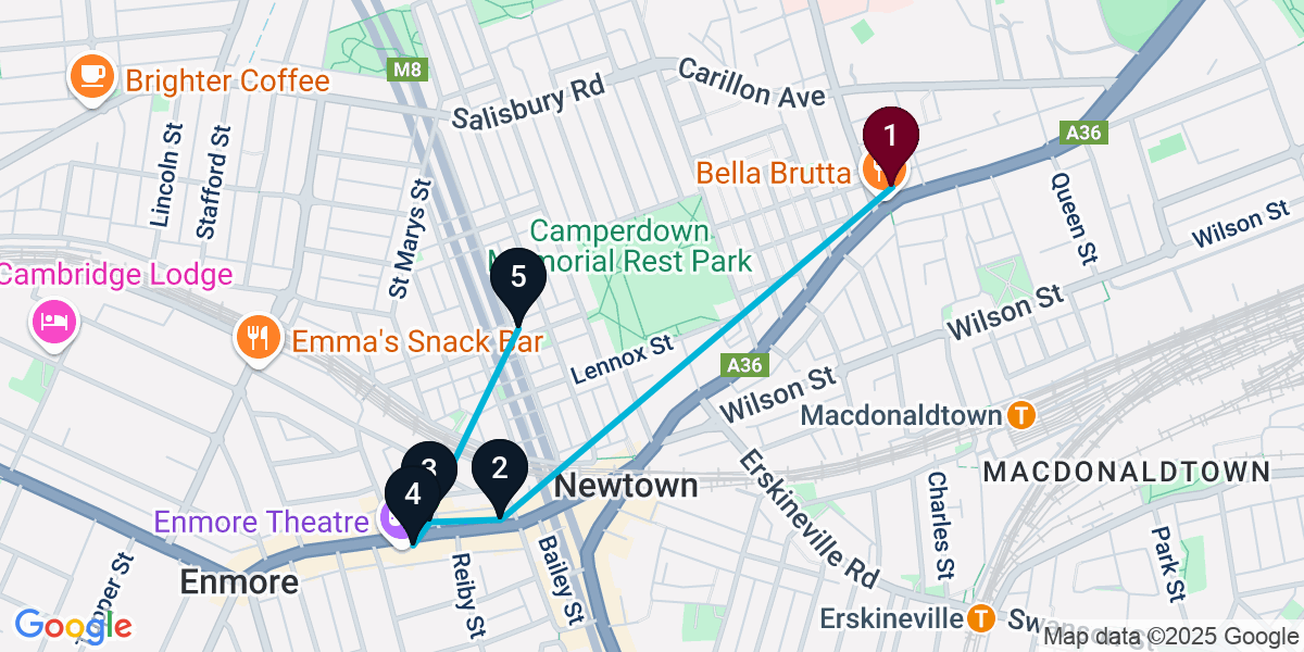 Map for 5-Stop Newtown Bar Crawl