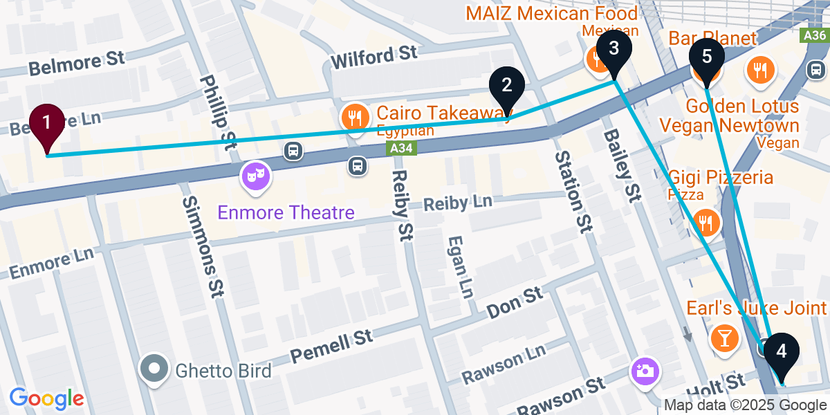 Map for 5-Stop Enmore Cocktail Bar Crawl