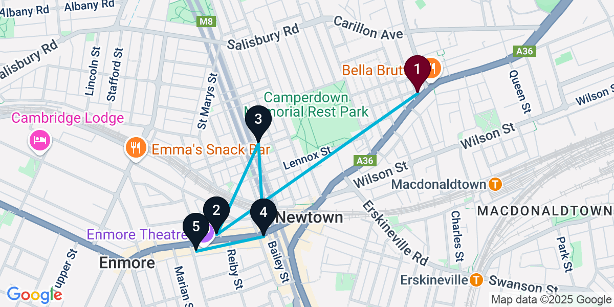 Map for 5-Stop Newtown Cocktail Bar Crawl