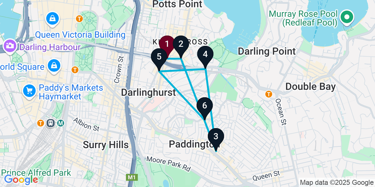 Map for 6-Stop Potts Point Wine bar Bar Crawl