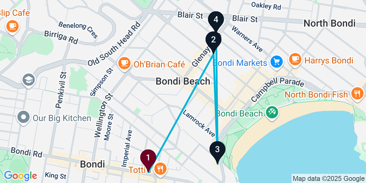 Map for 4-Stop Bondi Beach bar Bar Crawl
