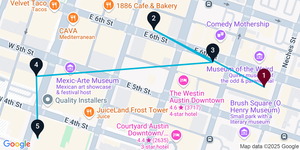 Map for 5-Stop Austin Live music Bar Crawl