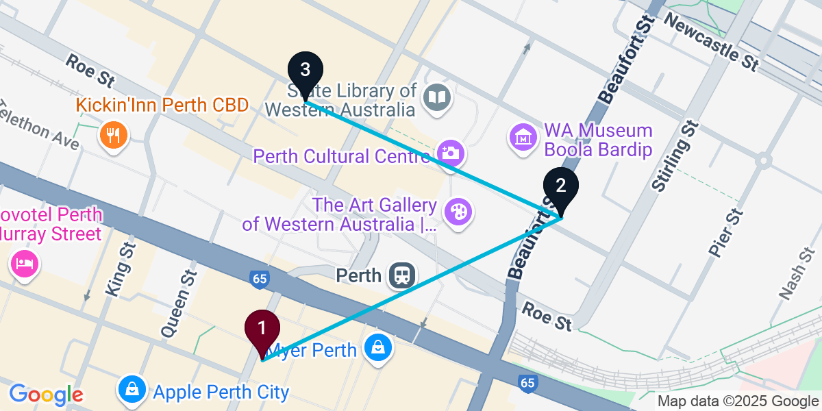 Map for 3-Stop Perth Nightclub Bar Crawl