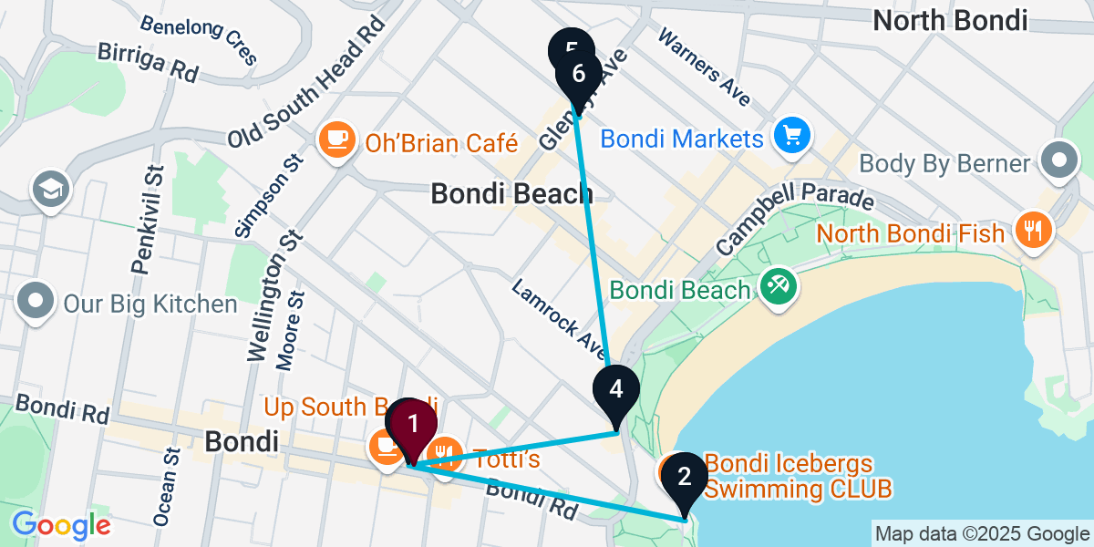 Map for 6-Stop Bondi Bar Crawl