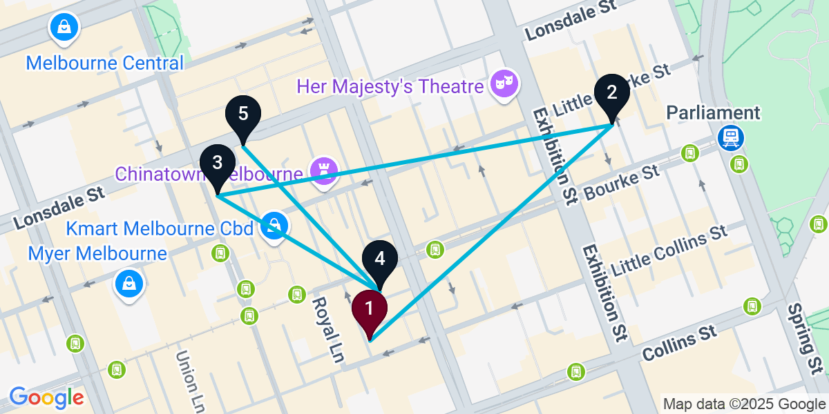 Map for Extended Melbourne Cocktail Bar Crawl