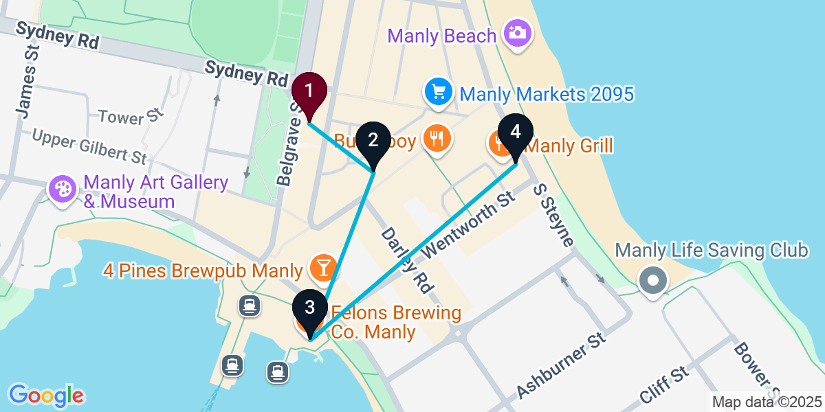 Map for 4-Stop Manly Pub Bar Crawl