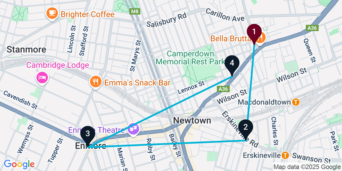 Map for 4-Stop Newtown Rooftop Bar Crawl