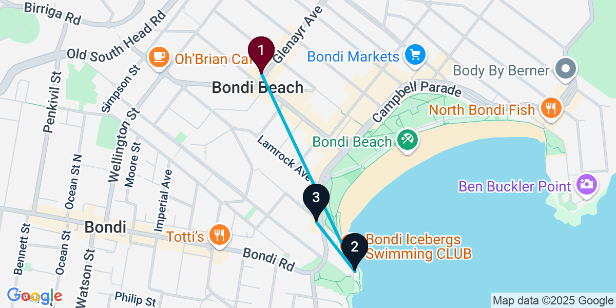 Map for 3-Stop Bondi Beach Rooftop Bar Crawl