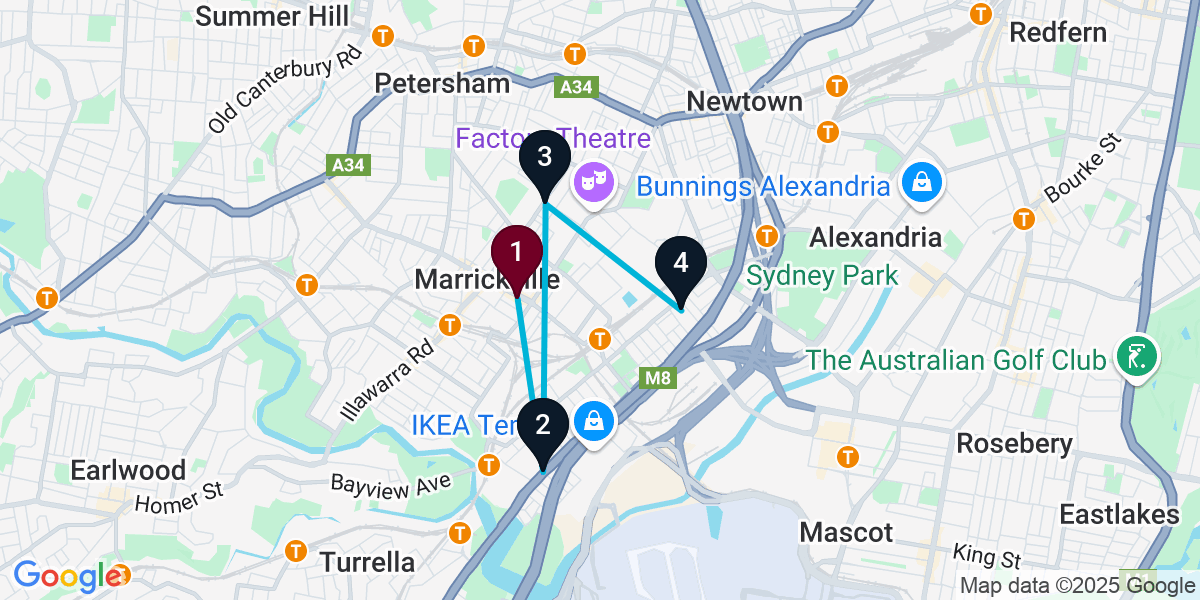 Map for 4-Stop Marrickville Pub Bar Crawl