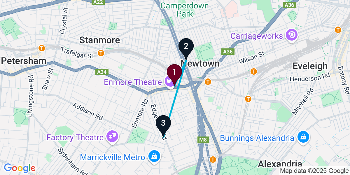 Map for 3-Stop Newtown Pub Bar Crawl