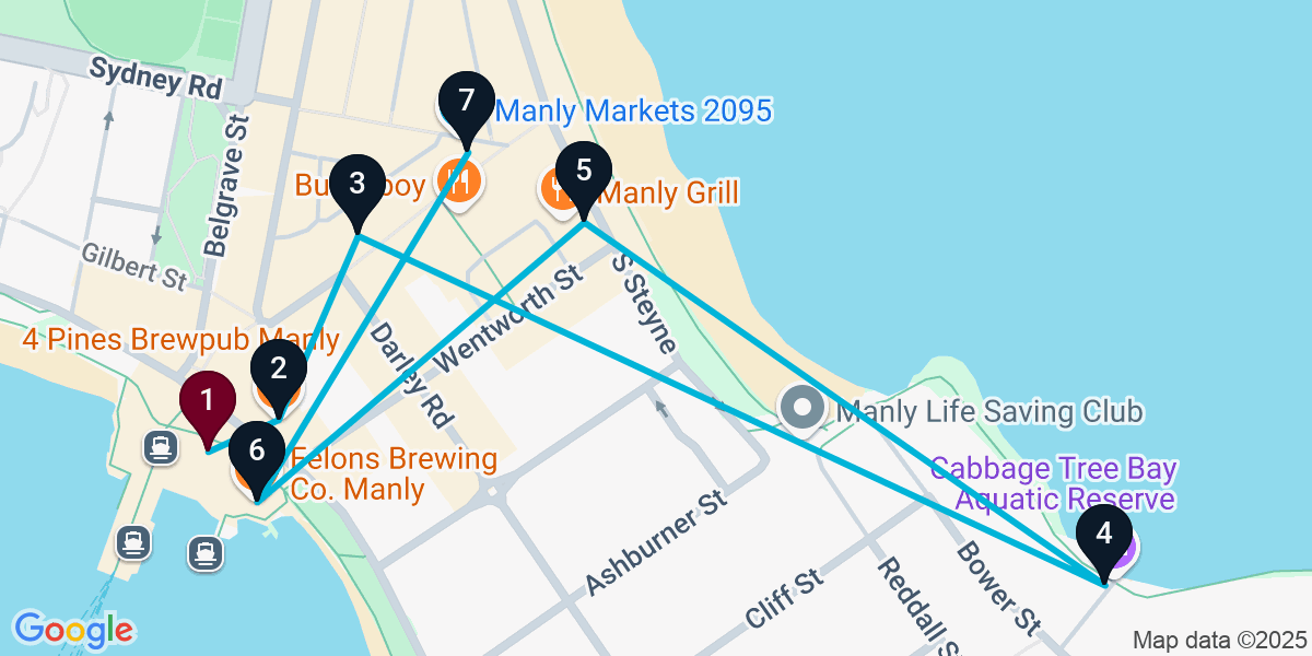 Map for 7-Stop Manly Pub Bar Crawl