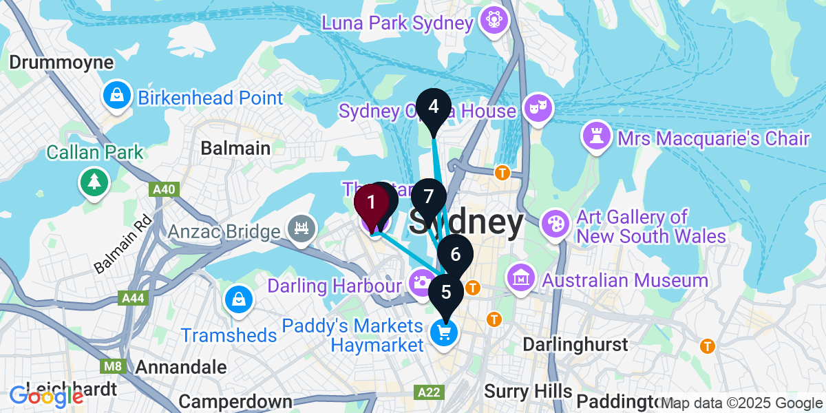 Map for 7-Stop Pyrmont Nightclub Bar Crawl