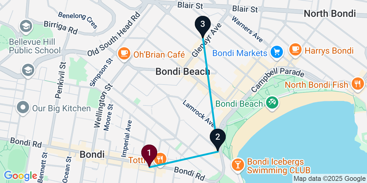 Map for 3-Stop Bondi Wine bar Bar Crawl
