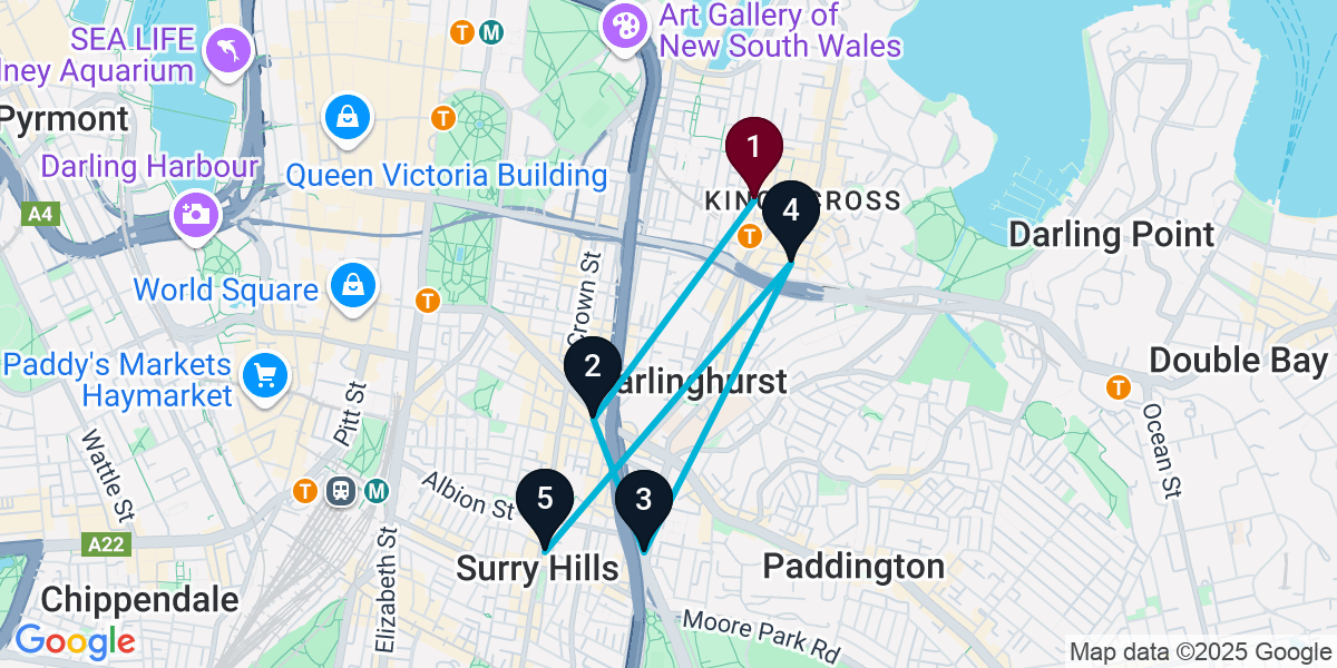 Map for 5-Stop Potts Point Rooftop Bar Crawl