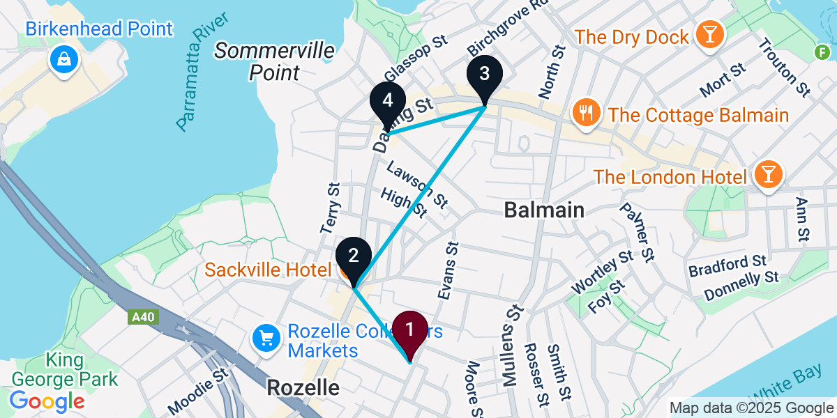 Map for 4-Stop Rozelle Cocktail Bar Crawl