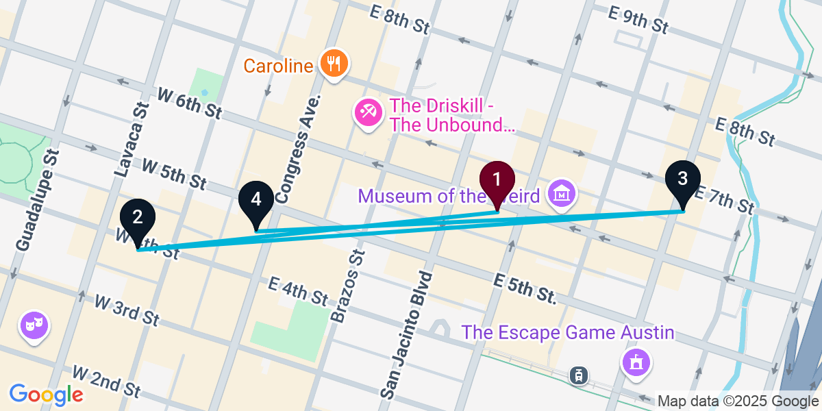 Map for 4-Stop Austin Nightclub Bar Crawl