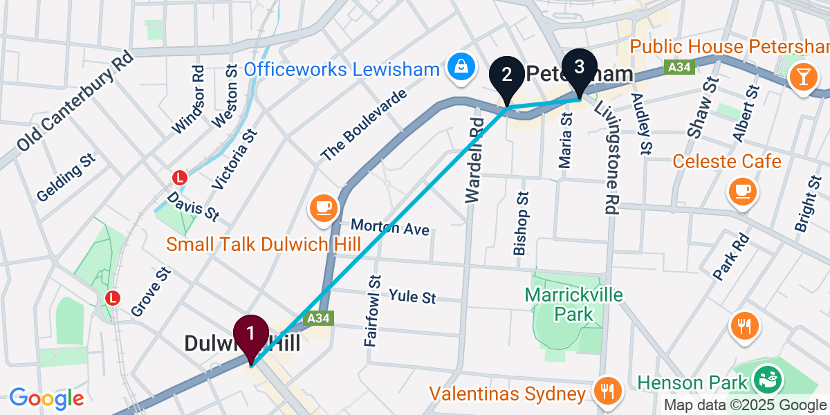 Map for 3-Stop Dulwich Hill Pub Bar Crawl