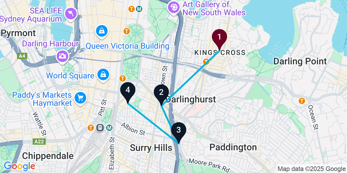 Map for 4-Stop Potts Point Brewery Bar Crawl