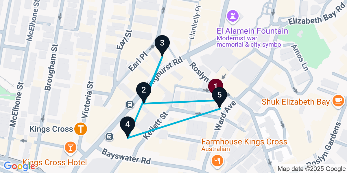 Map for 5-Stop Potts Point Nightclub Bar Crawl