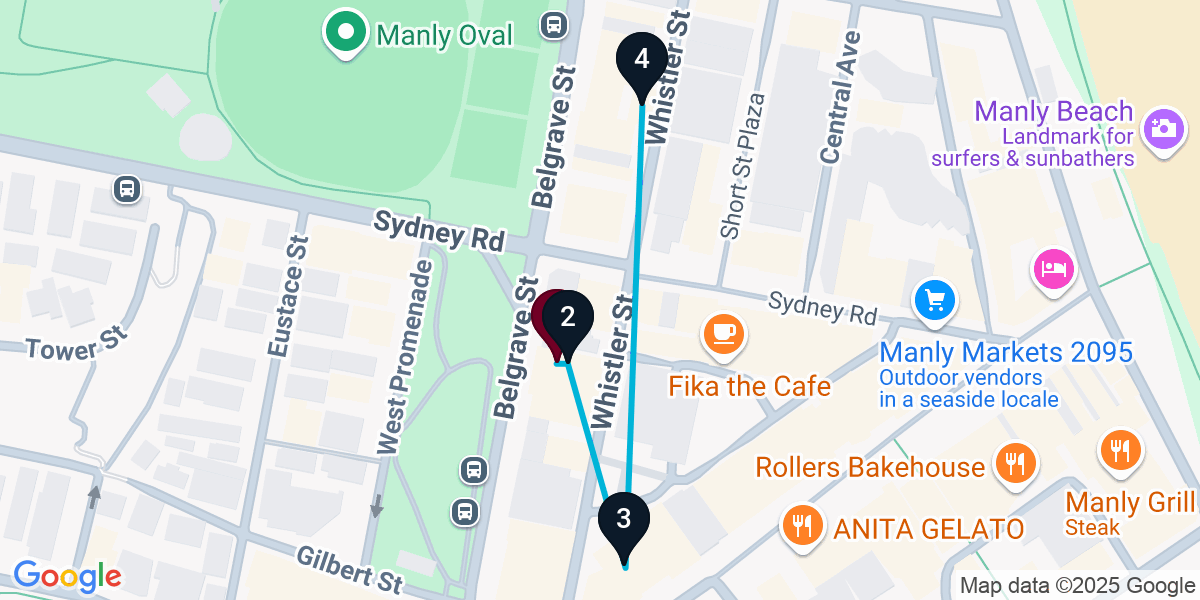 Map for 4-Stop Manly Bar Crawl