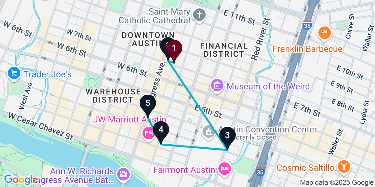 Map for 5-Stop Austin Bar Crawl
