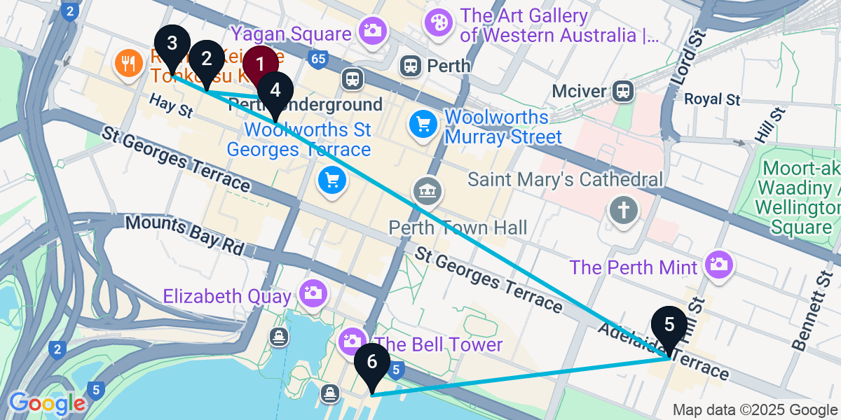 Map for 6-Stop Perth Pub Bar Crawl