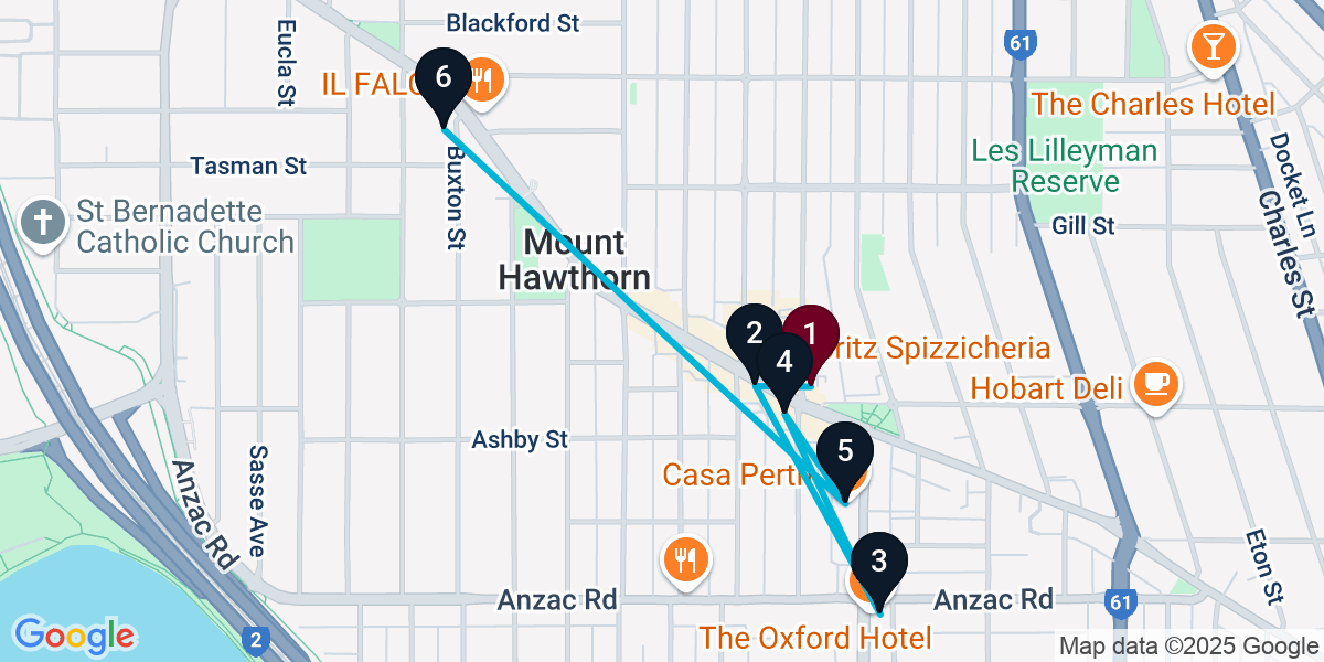 Map for 6-Stop Mount Hawthorn Bar Crawl