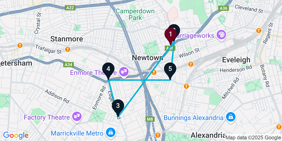 Map for 6-Stop Newtown Nightclub Bar Crawl