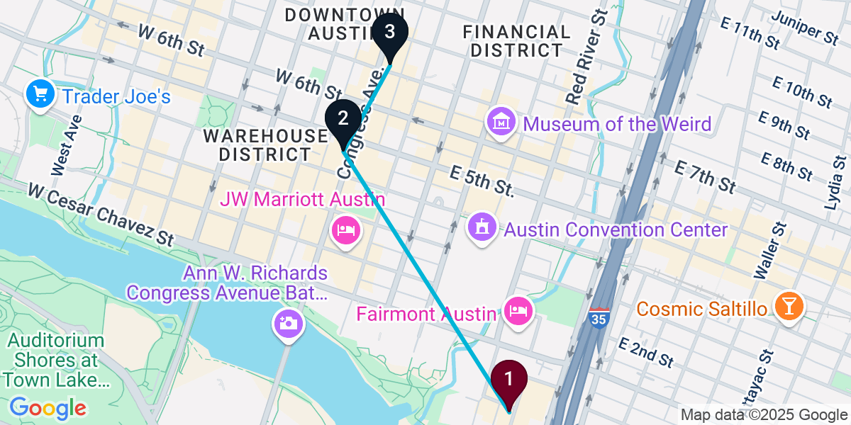 Map for 3-Stop Austin Rooftop Bar Crawl