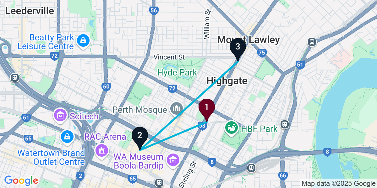Map for 3-Stop Perth Live music Bar Crawl