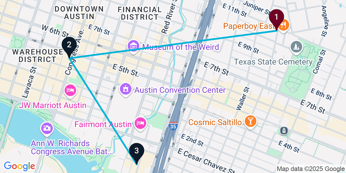 Map for 3-Stop Austin Rooftop Bar Crawl
