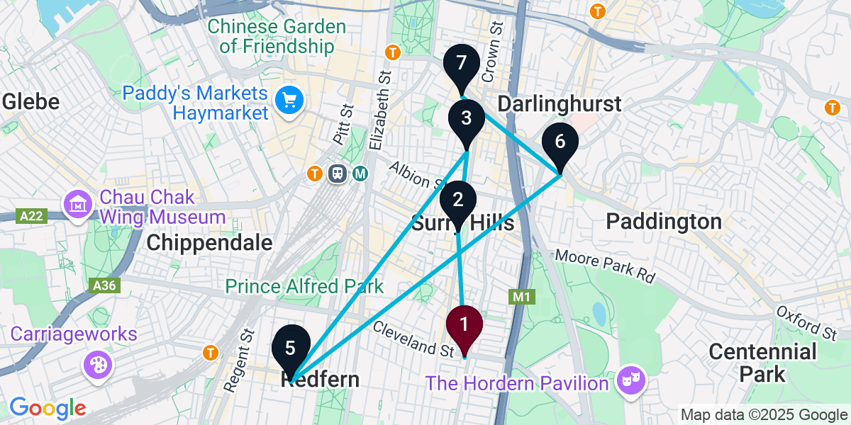 Map for 7-Stop Redfern Wine bar Bar Crawl