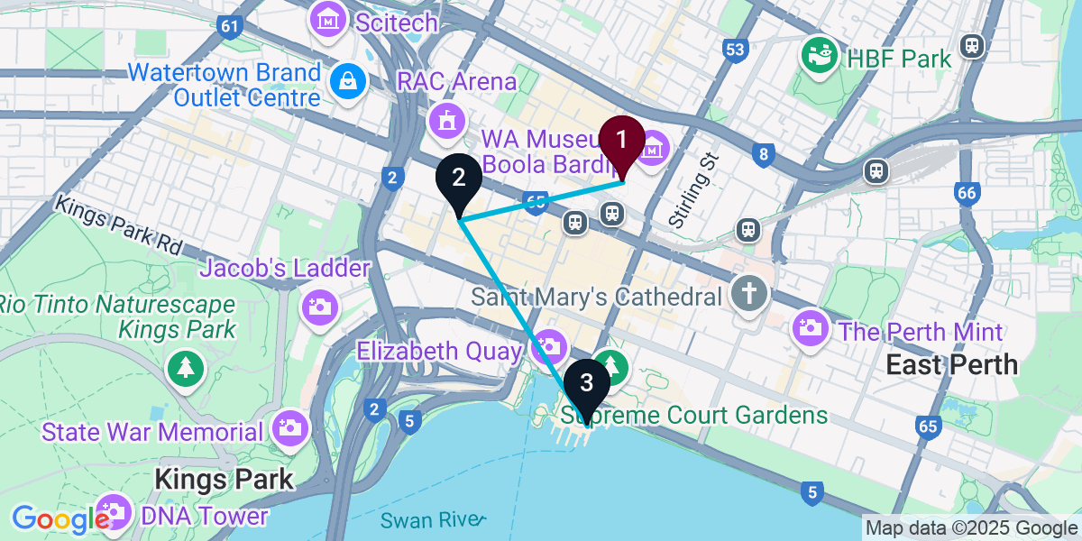 Map for 3-Stop Northbridge Rooftop Bar Crawl