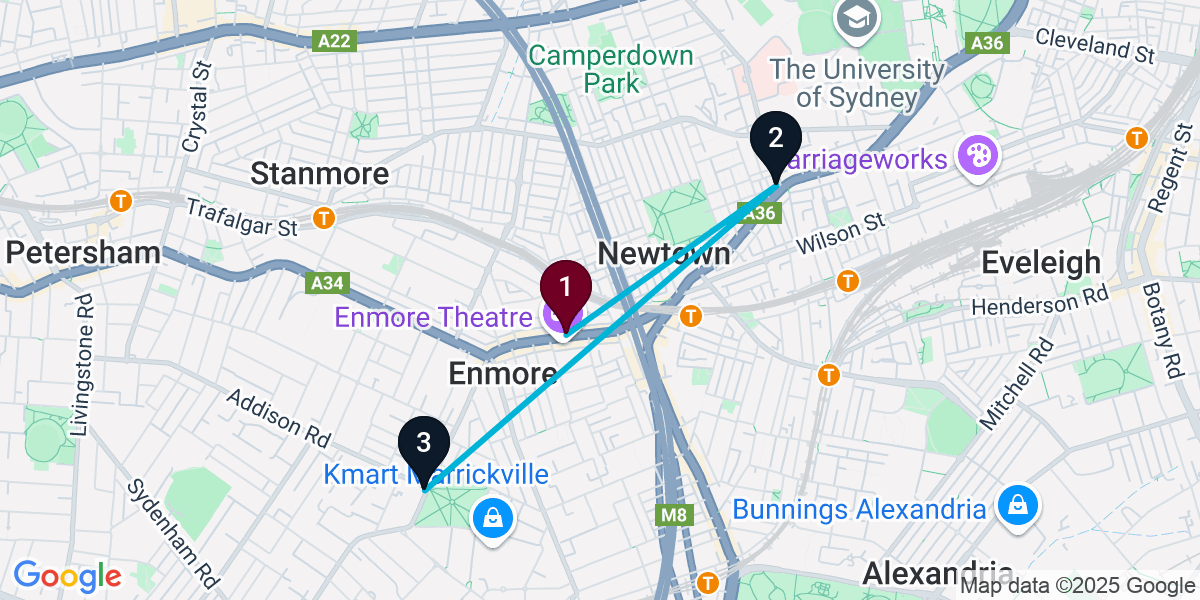 Map for 3-Stop Newtown Live music Bar Crawl