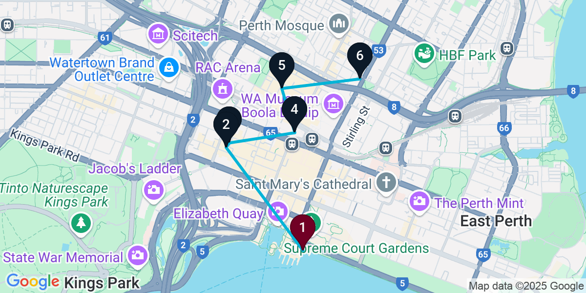 Map for 6-Stop Perth Cocktail Bar Crawl