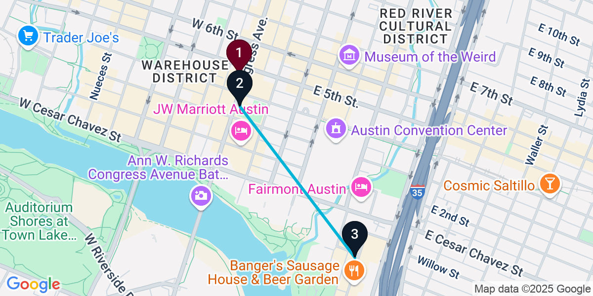 Map for 3-Stop Austin Cocktail Bar Crawl