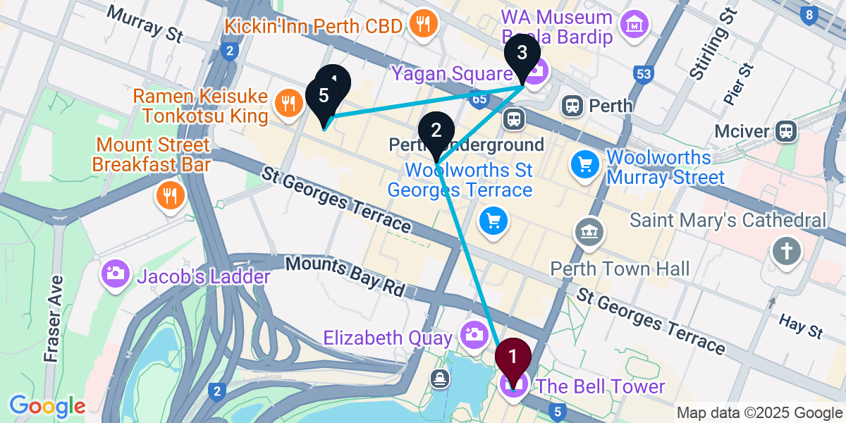 Map for 5-Stop Perth Cocktail Bar Crawl